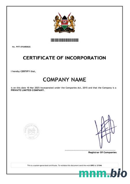 Kenya vcertyfikat of inkorporacja Word i szablon PDF
